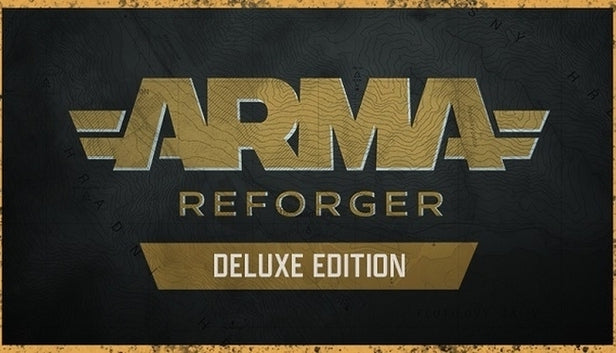 Arma Reforger Deluxe Edition cover art featuring gold Arma logo and Deluxe Edition text against a dark topographical map background.