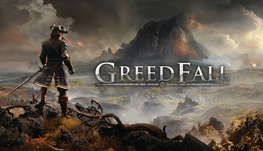 Official cover art for the fantasy action RPG GreedFall featuring characters in 17th-century inspired attire.