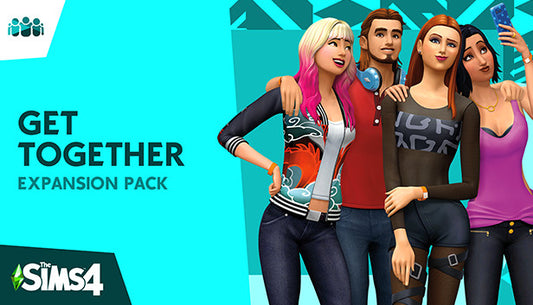 Official cover art for The Sims 4 Get Together expansion pack featuring a group of Sims socializing in a European-style town.
