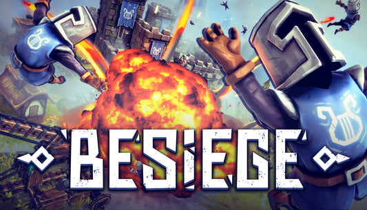 Official cover art for the physics-based building game Besiege featuring a medieval-style war machine against a blue sky.