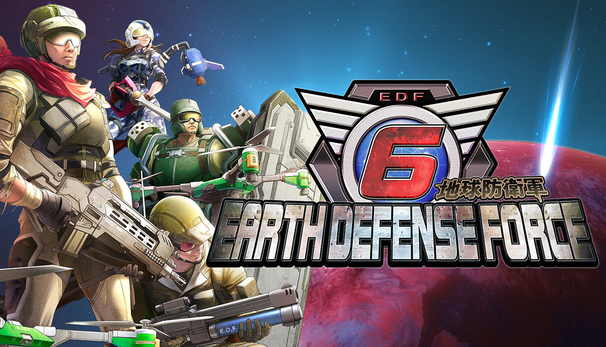 Official cover art for the action-shooter game EARTH DEFENSE FORCE 6 featuring a futuristic soldier and giant aliens.