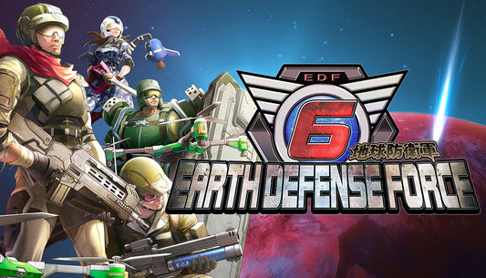 Official cover art for the action-shooter game EARTH DEFENSE FORCE 6 featuring a futuristic soldier and giant aliens.