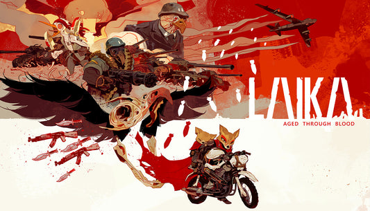 Hand-drawn protagonist on a motorcycle in the post-apocalyptic world of Laika: Aged Through Blood.