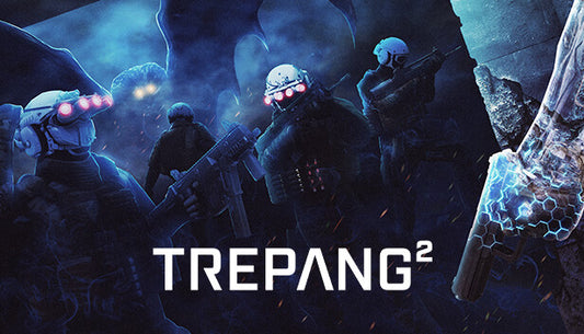 Official cover art for the fast-paced FPS game Trepang2 featuring a tactical soldier in a dark sci-fi setting.