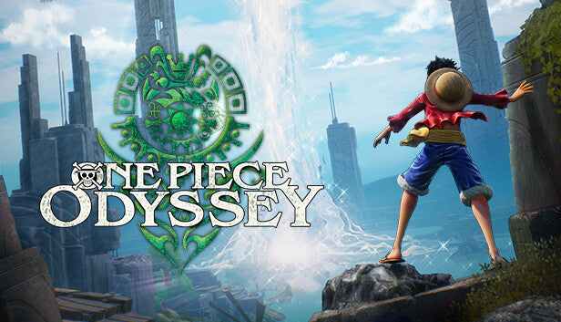 Official cover art for the RPG game ONE PIECE ODYSSEY featuring Luffy and the Straw Hat Crew on a tropical beach.