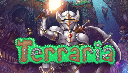 Terraria cover art featuring a knight in silver armor holding a torch and pickaxe in a cavern with lurking monsters.