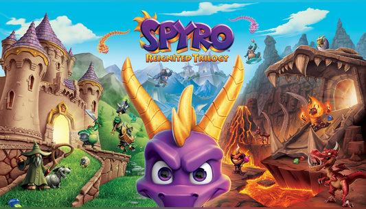 Official cover art for Spyro Reignited Trilogy featuring the purple dragon Spyro breathing fire with Sparx the dragonfly.