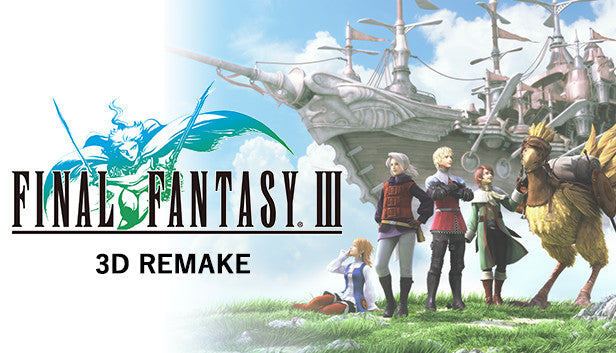 Cover art for Final Fantasy III 3D Remake, showing four young adventurers and a yellow Chocobo standing on a grassy hill beneath a massive, ornate flying airship in a bright sky.
