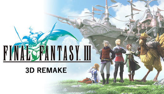Cover art for Final Fantasy III 3D Remake, showing four young adventurers and a yellow Chocobo standing on a grassy hill beneath a massive, ornate flying airship in a bright sky.