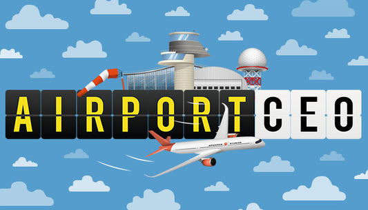 Official cover art for Airport CEO, a management and strategy game, showing an overhead view of an airport terminal.