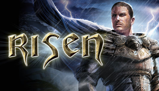 Official cover art for the action RPG Risen featuring a rugged adventurer standing on a rocky coast overlooking a stormy sea.