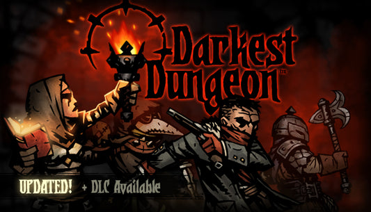 Official cover art for Darkest Dungeon featuring a group of weary adventurers in a grim, gothic dungeon setting.