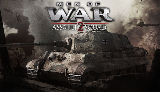 Official cover art for the strategy game Men of War: Assault Squad 2 featuring soldiers and a tank in a combat scene.