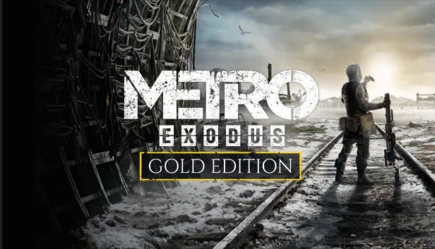 Official cover art for Metro Exodus Gold Edition, a post-apocalyptic FPS game featuring a survivor in a gas mask.