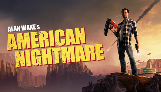 Cover art for Alan Wake's American Nightmare featuring the protagonist holding a gun against a desert landscape.