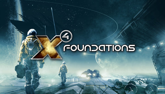 Official cover art for X4: Foundations featuring a detailed spacecraft flying through a futuristic space station.