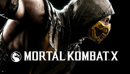 Mortal Kombat X cover cover art featuring Scorpion in his iconic yellow mask and hood, posing aggressively against a dark background.