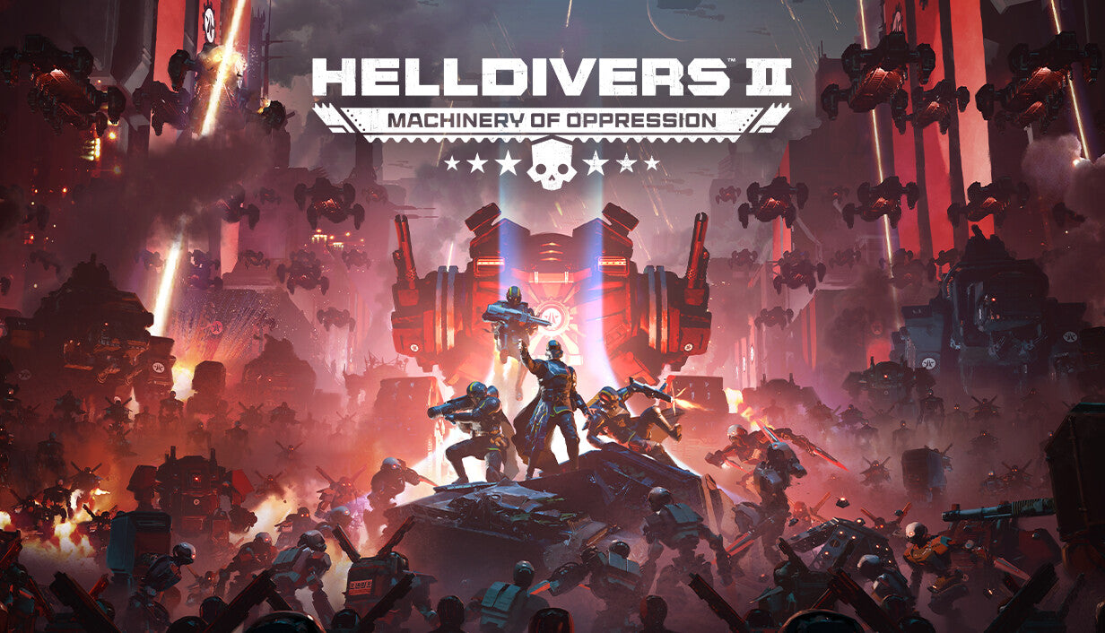 Cover art for the action shooter HELLDIVERS 2 featuring a squad of soldiers in futuristic armor.