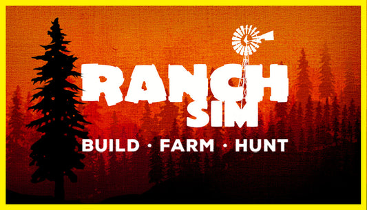 Official cover art for Ranch Simulator: Build, Hunt, Farm featuring a rancher overlooking a scenic mountain valley.