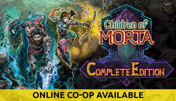 Cover art for Children of Morta: Complete Edition. The left side features a dynamic stylized illustration of John wielding a sword with a blue magical aura and Linda leaping with a glowing yellow bow. The right side displays the game logo stacked above a purple banner reading Complete Edition. A bright yellow horizontal bar spans the bottom with bold black text reading ONLINE CO-OP AVAILABLE."