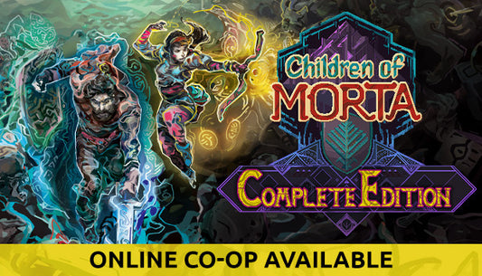 Cover art for Children of Morta: Complete Edition. The left side features a dynamic stylized illustration of John wielding a sword with a blue magical aura and Linda leaping with a glowing yellow bow. The right side displays the game logo stacked above a purple banner reading Complete Edition. A bright yellow horizontal bar spans the bottom with bold black text reading ONLINE CO-OP AVAILABLE."