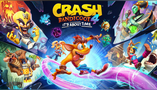 Official cover art for Crash Bandicoot 4: It's About Time featuring Crash and Coco with quantum masks.