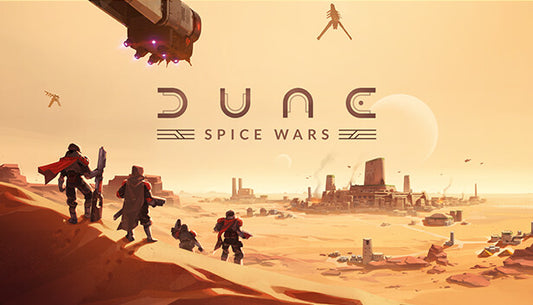 Official cover art for the strategy game Dune: Spice Wars featuring a desert landscape and stylized character silhouettes.