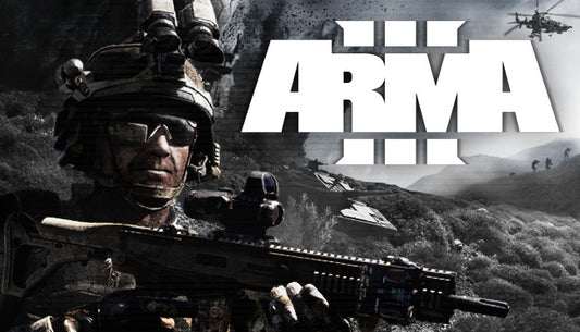 Official cover art for Arma 3 featuring soldiers in tactical gear against a battlefield background.