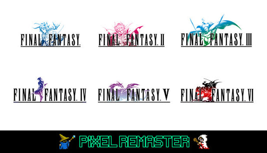 Cover art for the Final Fantasy Pixel Remaster collection, displaying the classic illustrative logos for Final Fantasy I through VI arranged in a grid, accompanied by retro pixel art sprites of a Black Mage and a White Mage at the bottom.