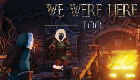 Official cover art for the co-op puzzle game We Were Here Too featuring two figures in a snowy mountain landscape.