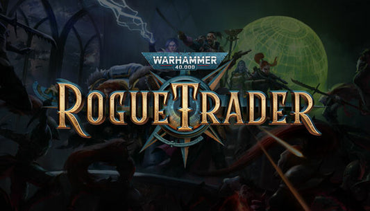 Official cover art for Warhammer 40,000: Rogue Trader featuring a character in ornate armor against a dark, sci-fi backdrop.