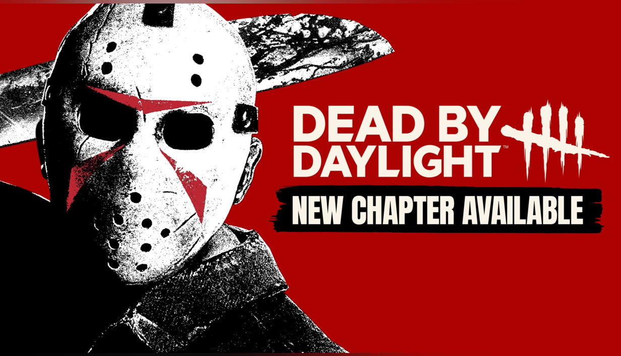 Cover art for Dead by Daylight featuring a stylized, black-and-white graphic of Jason Voorhees from the Friday the 13th franchise on a solid red background. He wears his iconic hockey mask, which has distinct red triangle markings under the eyes and a large machete blade resting horizontally behind his head. The right side of the image contains the official text logo for "DEAD BY DAYLIGHT" with its signature tally mark graphic, positioned above a black banner that reads "NEW CHAPTER AVAILABLE" in bold white