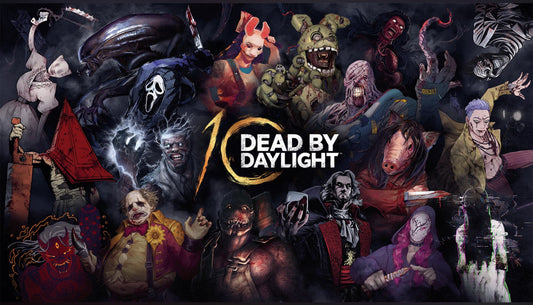 Dark, stylized anniversary cover art for Dead by Daylight, featuring the central game logo wrapped by a large golden number "10" to celebrate its 10th anniversary. The logo is surrounded by an extensive, highly detailed ensemble collage of the game's iconic killers, including The Trapper, Dracula, Pyramid Head, Ghost Face, a Xenomorph, Springtrap, Nemesis, The Pig, The Clown, The Doctor, The Huntress, The Trickster, The Nurse, The Oni, The Legion, and The Onryō.