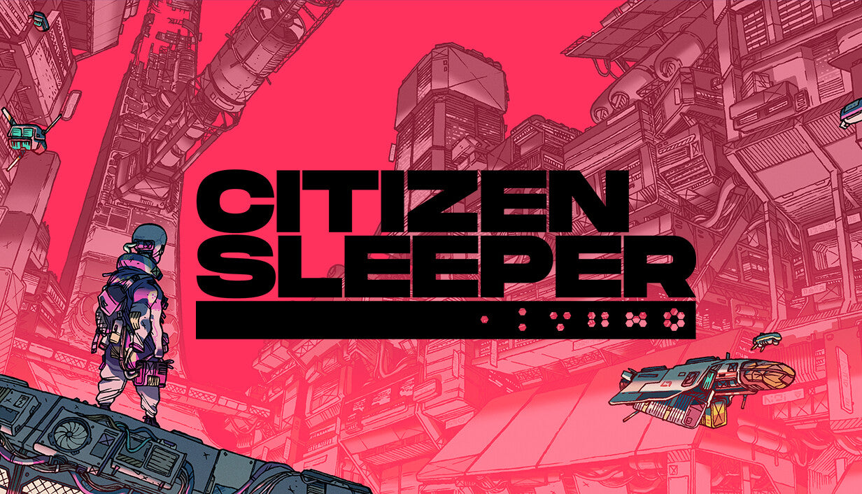 Cover art for Citizen Sleeper, featuring a stylized illustration of a synthetic character looking out over a sprawling, pink-hued sci-fi space station.