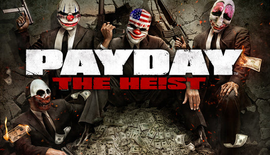 Official PAYDAY The Heist cover art featuring four masked criminals in suits holding guns over a massive pile of stolen cash.