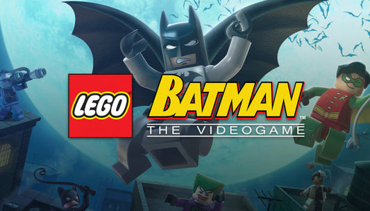 Official cover art for LEGO Batman: The Videogame featuring Batman and Robin in a LEGO-themed Gotham City.