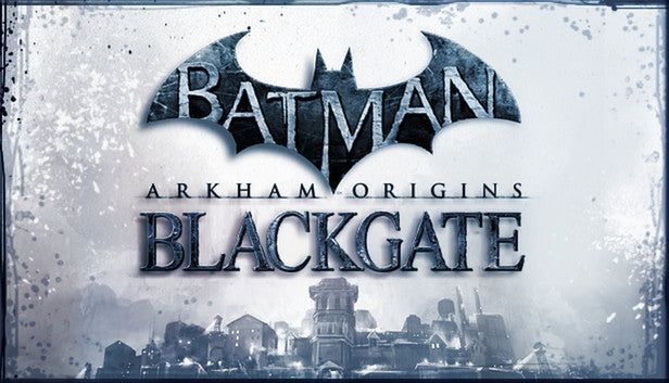 Cover art for Batman: Arkham Origins Blackgate, showing the iconic Batman bat symbol over a stylized, monochromatic blue and white illustration of the grim Blackgate Prison complex.