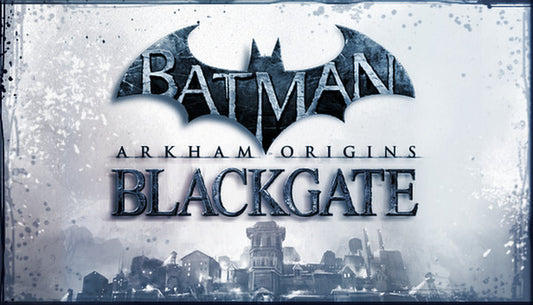Cover art for Batman: Arkham Origins Blackgate, showing the iconic Batman bat symbol over a stylized, monochromatic blue and white illustration of the grim Blackgate Prison complex.