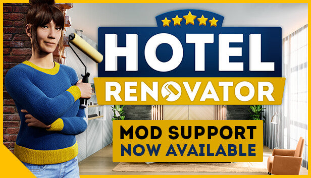 Official cover art for the simulation game Hotel Renovator featuring a stylishly renovated hotel room.
