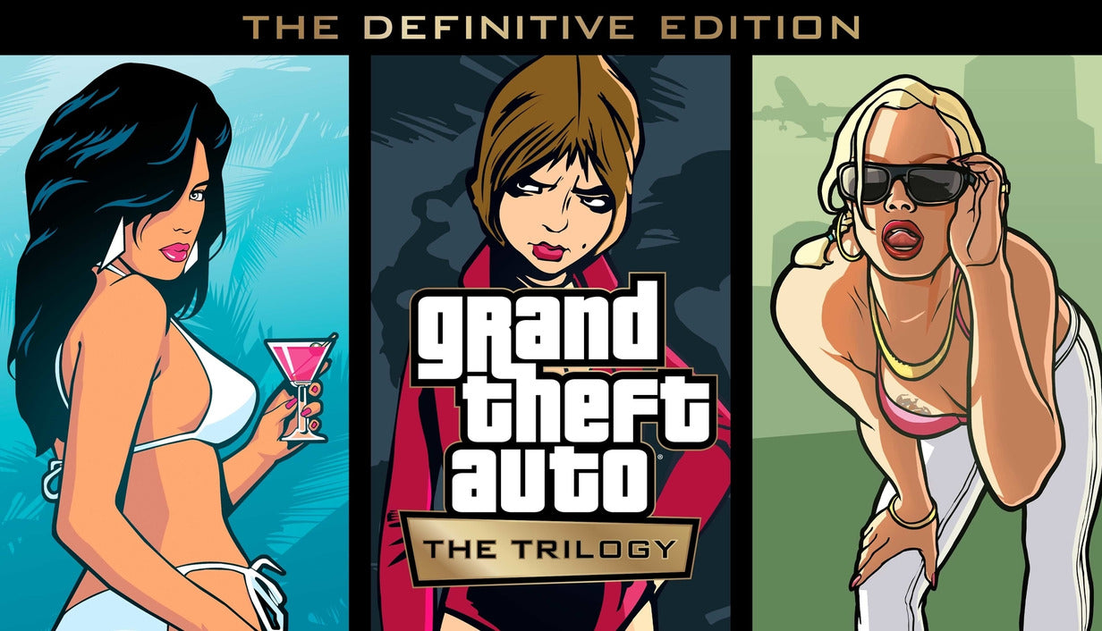 Official cover art for Grand Theft Auto: The Trilogy - The Definitive Edition featuring stylized character portraits.
