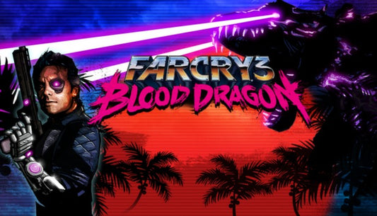 Action-packed cover art for Far Cry 3 - Blood Dragon featuring a cyborg soldier against a vibrant neon cyberpunk landscape.