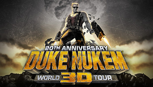 Official cover art for Duke Nukem 3D: 20th Anniversary World Tour showing Duke Nukem standing on an alien corpse.