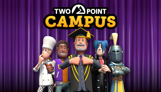 Official cover art for the simulation game Two Point Campus featuring students and faculty in a whimsical university setting.
