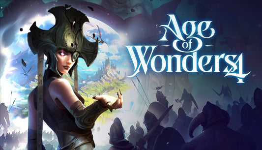 Official cover art for the strategy game Age of Wonders 4 featuring a glowing magical portal and high-fantasy characters.