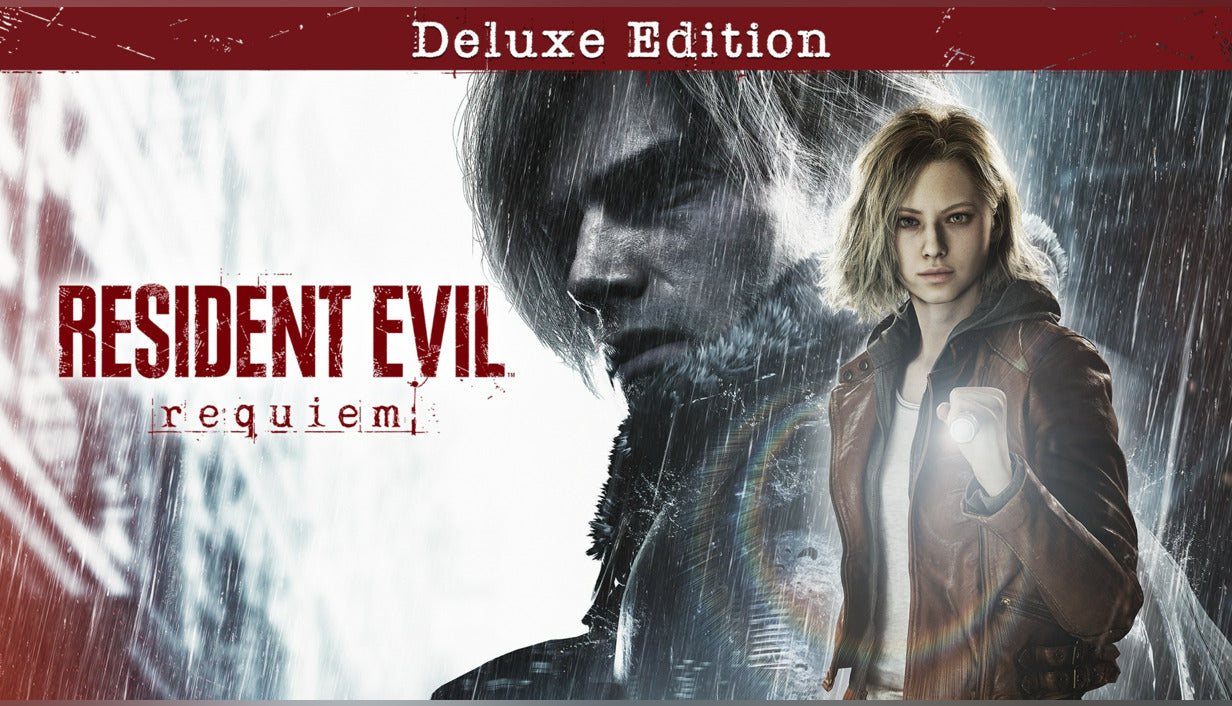 Cover art for the Deluxe Edition of Resident Evil Requiem showing a dark, rainy split composition of veteran Leon Kennedy and Grace Ashcroft.