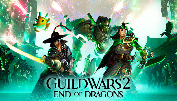 Coer art for Guild Wars 2: End of Dragons, showcasing two warriors and a giant glowing green mechanical golem in front of a futuristic, neon-lit Asian-inspired city.