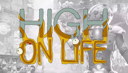 Official cover art for the sci-fi FPS game High On Life featuring colorful, talkative alien weapons.