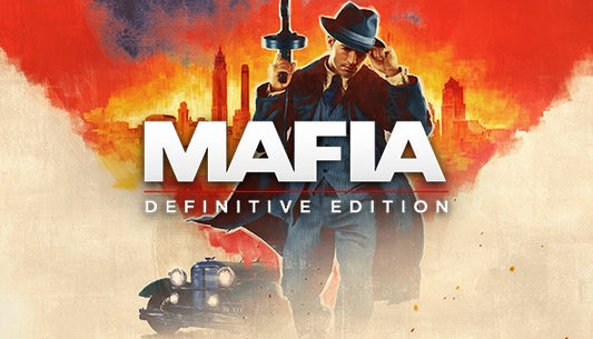Official cover art for Mafia: Definitive Edition featuring a man in a suit holding a Tommy gun in front of a 1930s cityscape.