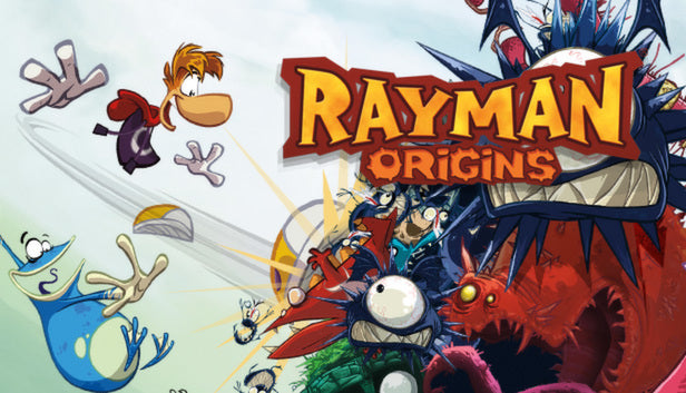 Cover art for Rayman Origins, depicting Rayman and Globox leaping away from a massive, chaotic swarm of spiky, colorful, and aggressive cartoon monsters.
