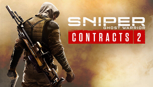 Official cover art for Sniper Ghost Warrior Contracts 2 featuring a long-range tactical sniper in a desert environment.